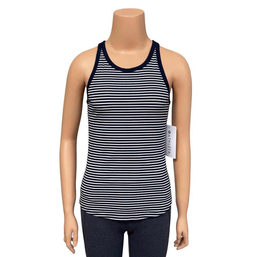 Athleta Signature Rib Tank Sz S New $45 Martina Navy Stripe Fitted Blue White